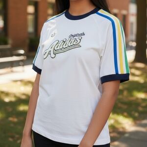 Adidas White Tee with Blue and Yellow Accents